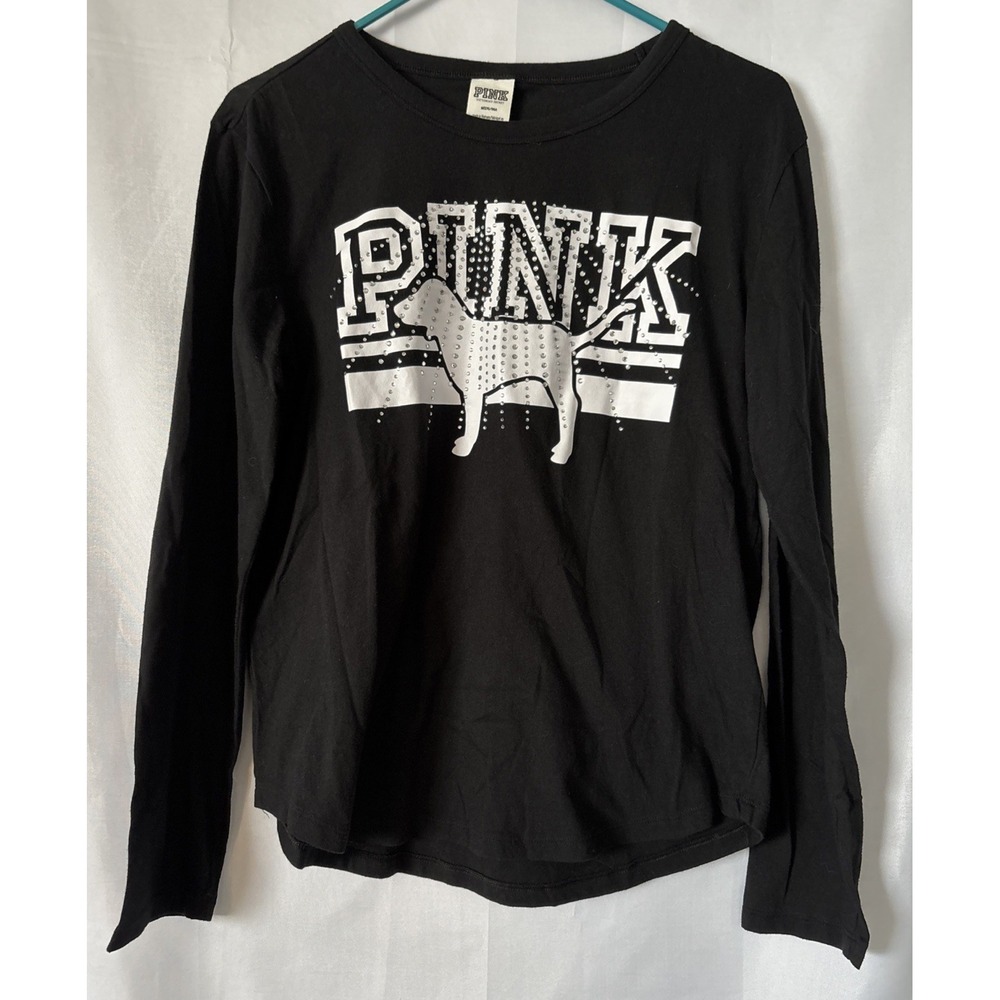 Victoria's Secret Tee Rhinestone PINK Long Sleeve Tee Black & White Small M Mint